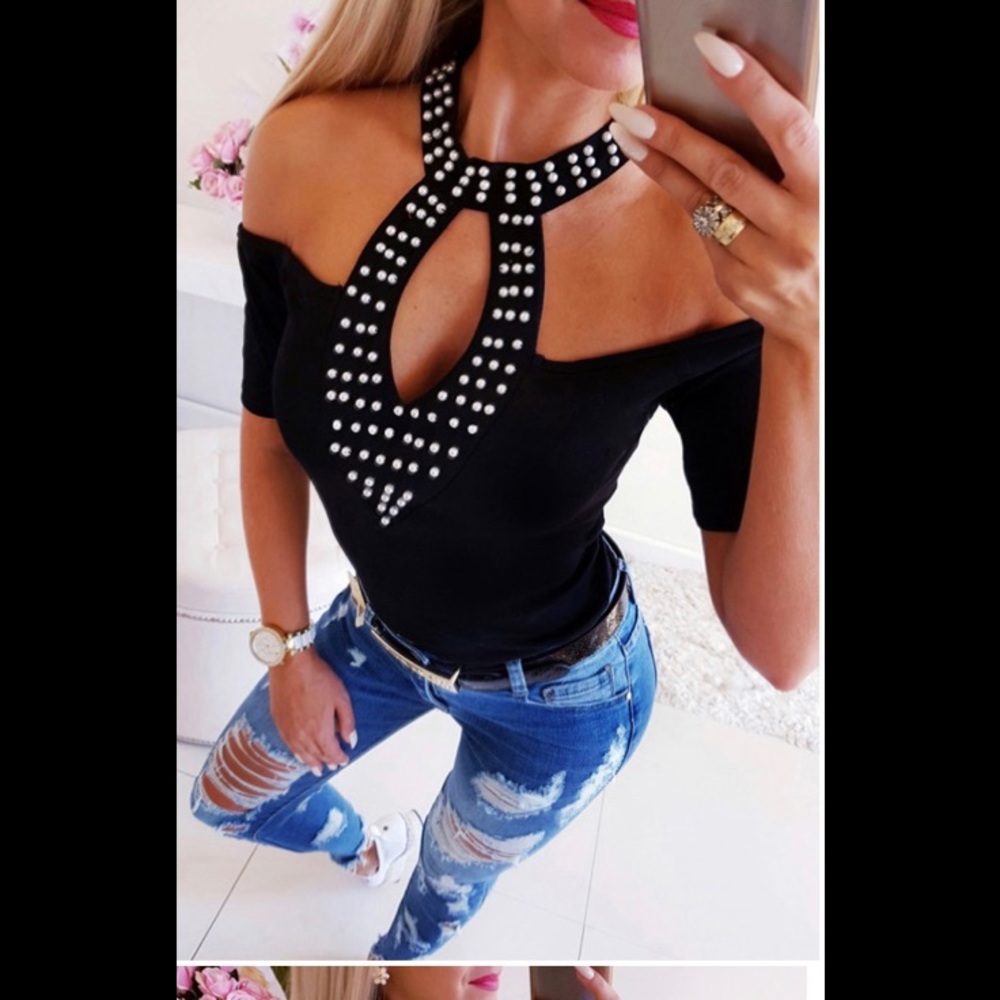 🎉HP🎉🔥SEXY BLACK CHOKER CROPPED SHORT SLEEVE TOP - Picture 5 of 6